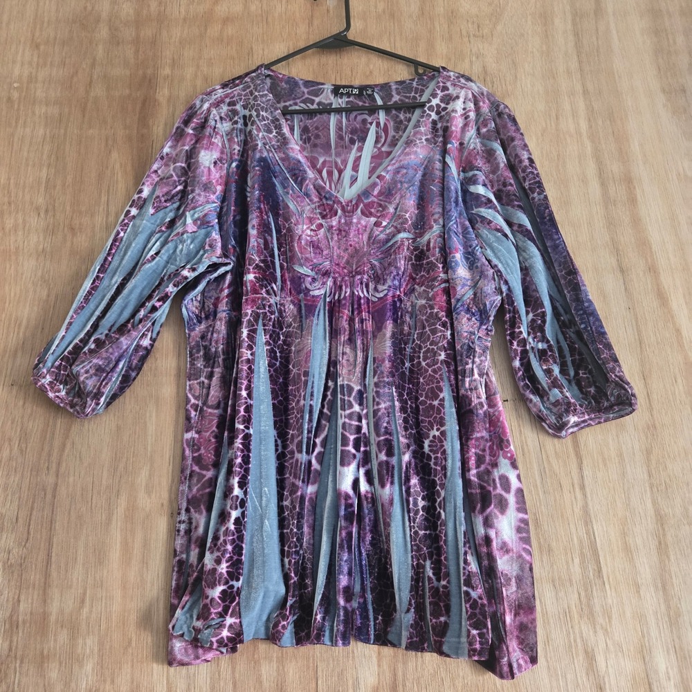 Boho Purple Grey Animal Print Velvet Tunic Top V-Neck 3/4 Sleeve Plus Size 2X